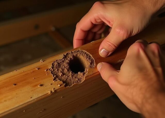 Human hands inspecting a wood for termites