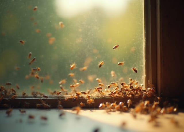 Termites in the window of a infested house
