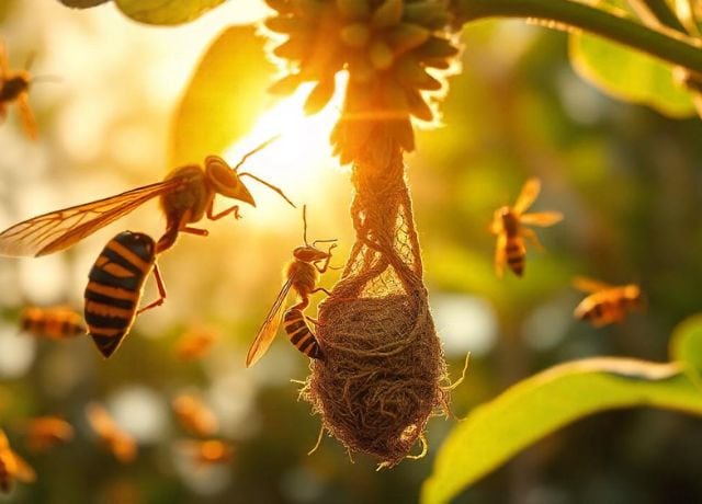 Wasps flying around the tree