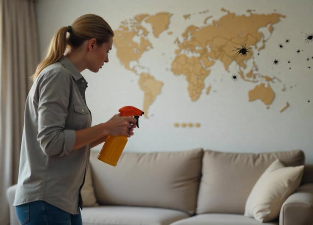 woman spraying insecticide in a living room