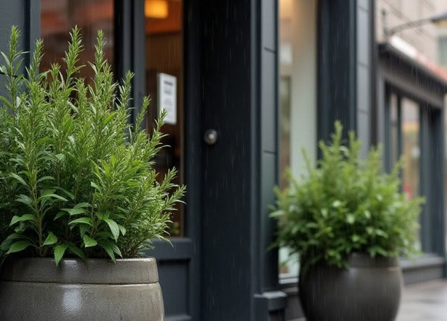 Modern business entrance with beautiful plants