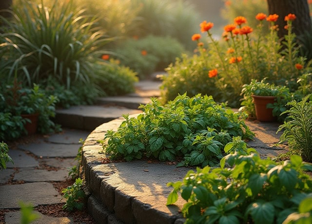 Top view of a vibrant herb garden featuring rosemary