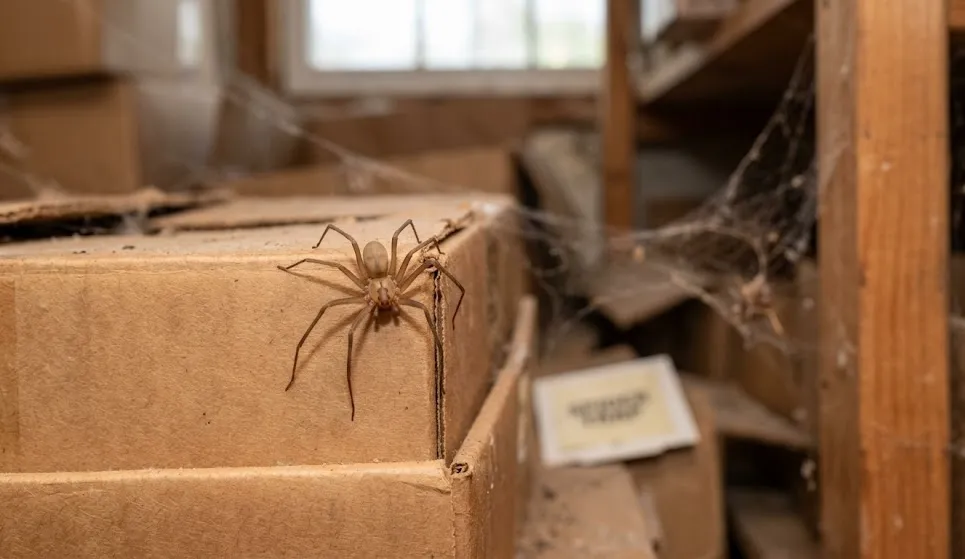 A brown recluse spider on a cardboard box in a cluttered attic or storage space.