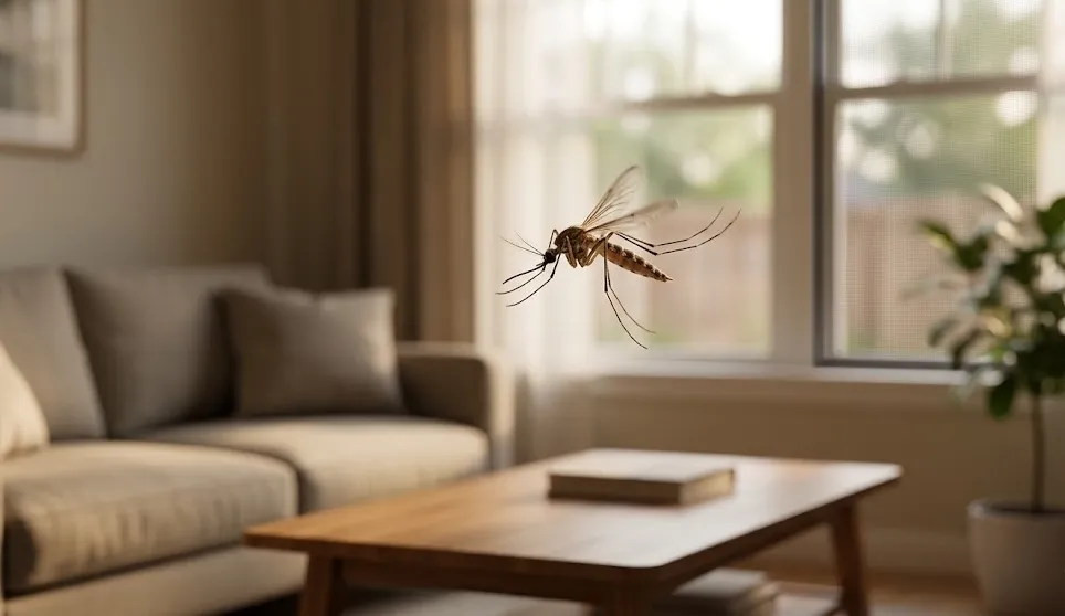 An individual mosquito in mid-flight inside a sunlit living room
