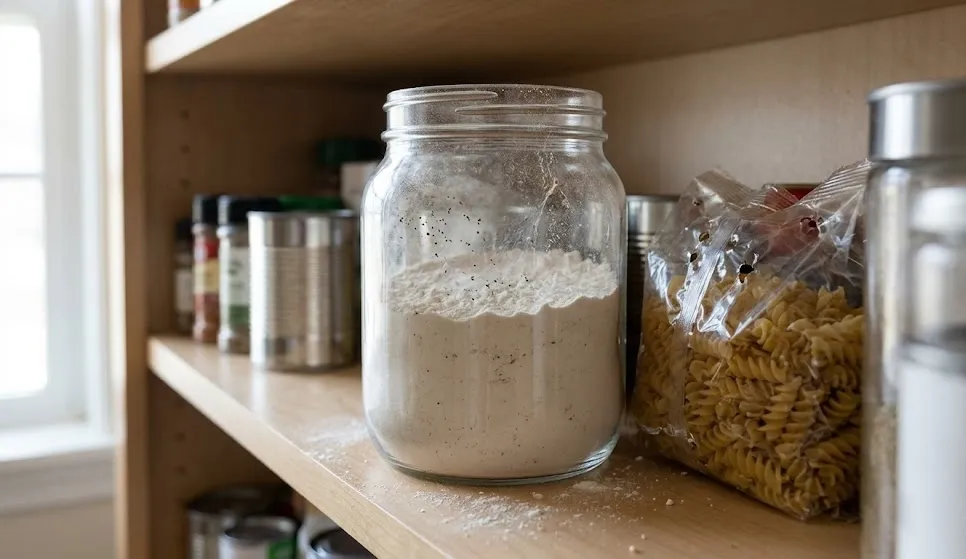 A glass jar of flour and a plastic bag of pasta sitting on a wooden pantry shelf, showing signs of a small bug infestation.