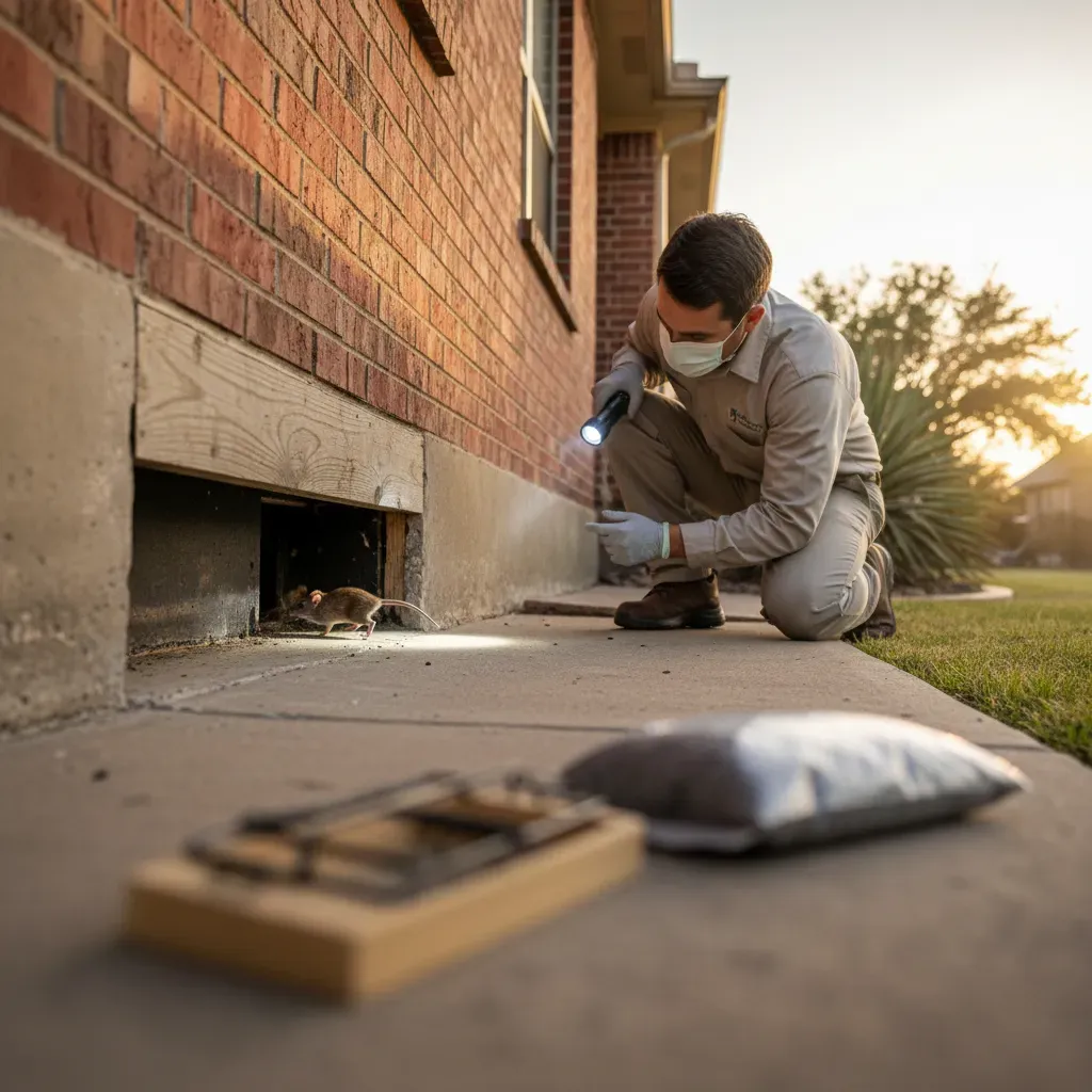 Exterminator inspecting a home foundation for rat activity with a flashlight.