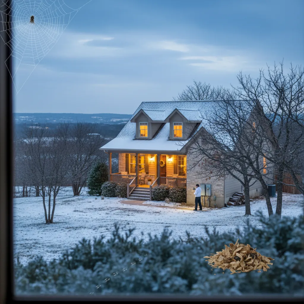 A cozy house in winter with snow, warm lights glowing, and a person outside near a spider web.