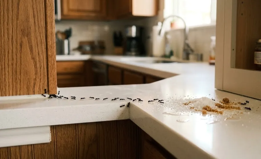 A professional photograph of a line of ants marching across a white kitchen countertop toward a pile of white powder and brown sugar.
