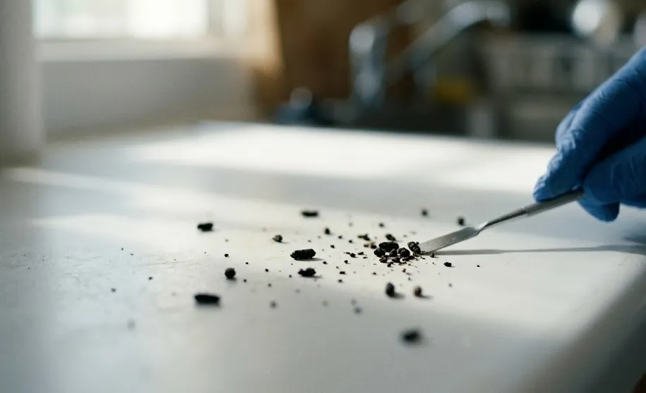 Close-up photograph of a gloved hand inspecting small pest droppings on a clean kitchen countertop