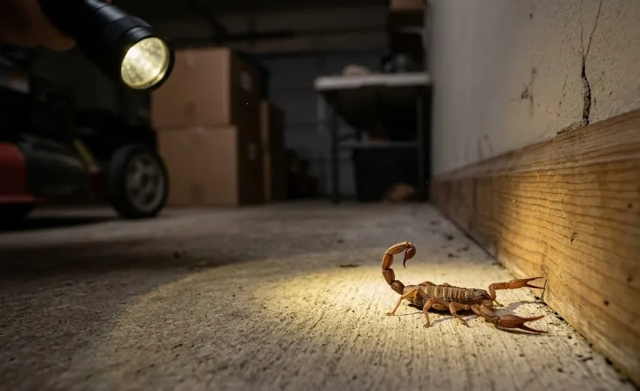 A realistic photograph of a scorpion crawling on a concrete garage floor next to a wooden baseboard, illuminated by a flashlight beam