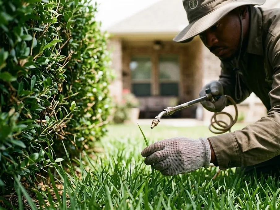 A lawn care professional wearing a hat and gloves carefully sprays a weed in a green lawn next to a large hedge