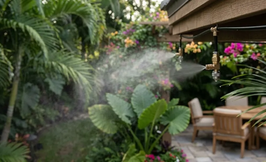 A close-up photograph of a mosquito misting nozzle spraying a fine mist over a lush, tropical backyard patio with outdoor dining furniture