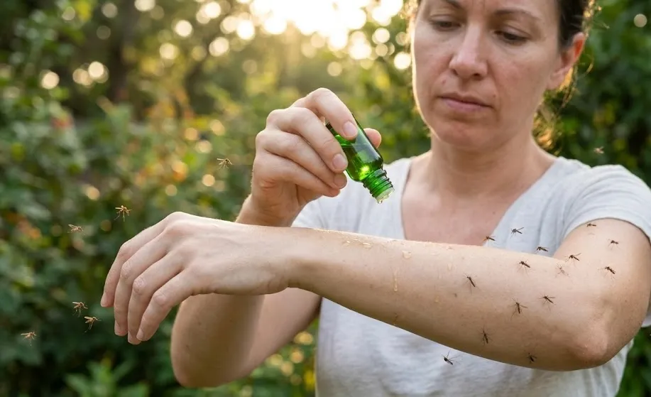 A woman applying essential oil drops to her arm outdoors to repel a swarm of mosquitoes