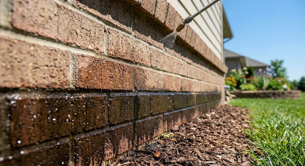 A close-up photograph of a liquid pest control treatment being sprayed along the brick foundation of a house.