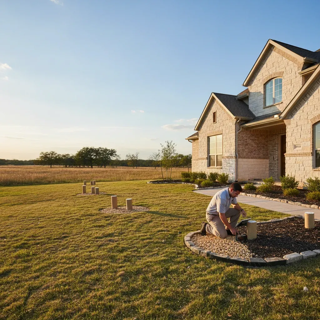 Technician kneeling in mulch bed installing termite bait stations around a stone home with open rural land in the background