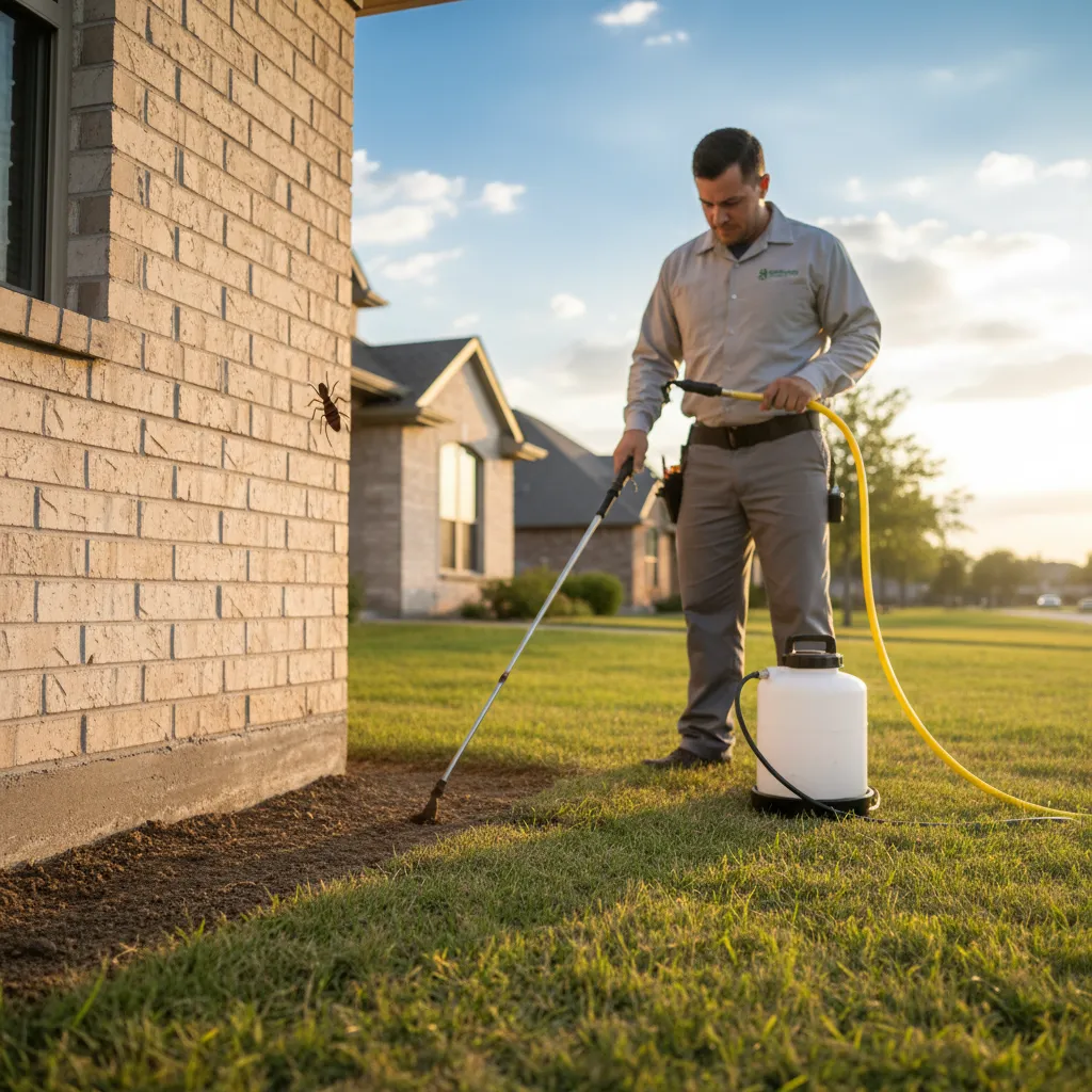 Pest control technician applying termite treatment spray along a home's brick foundation using a wand and tank sprayer