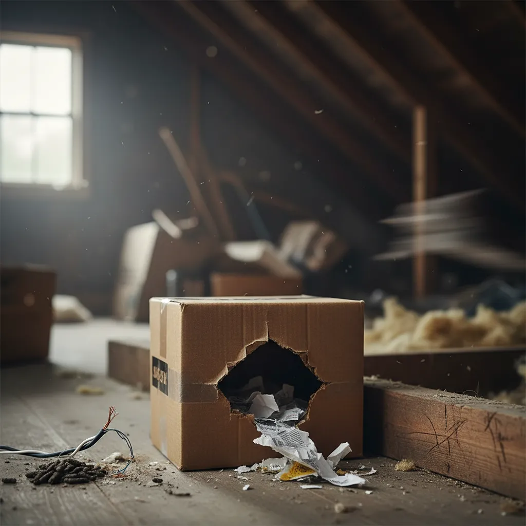 Attic cardboard box chewed open with gnawed wires, droppings, and shredded paper scattered on the floor