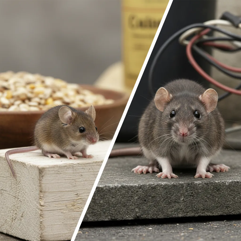 Split image comparing a small mouse near a food bowl with a larger rat sitting on concrete beside wires
