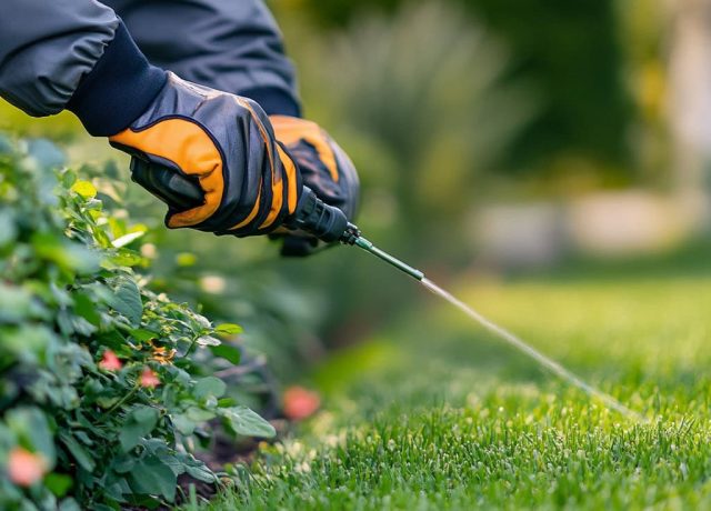 A person is using pest control on the lawn.